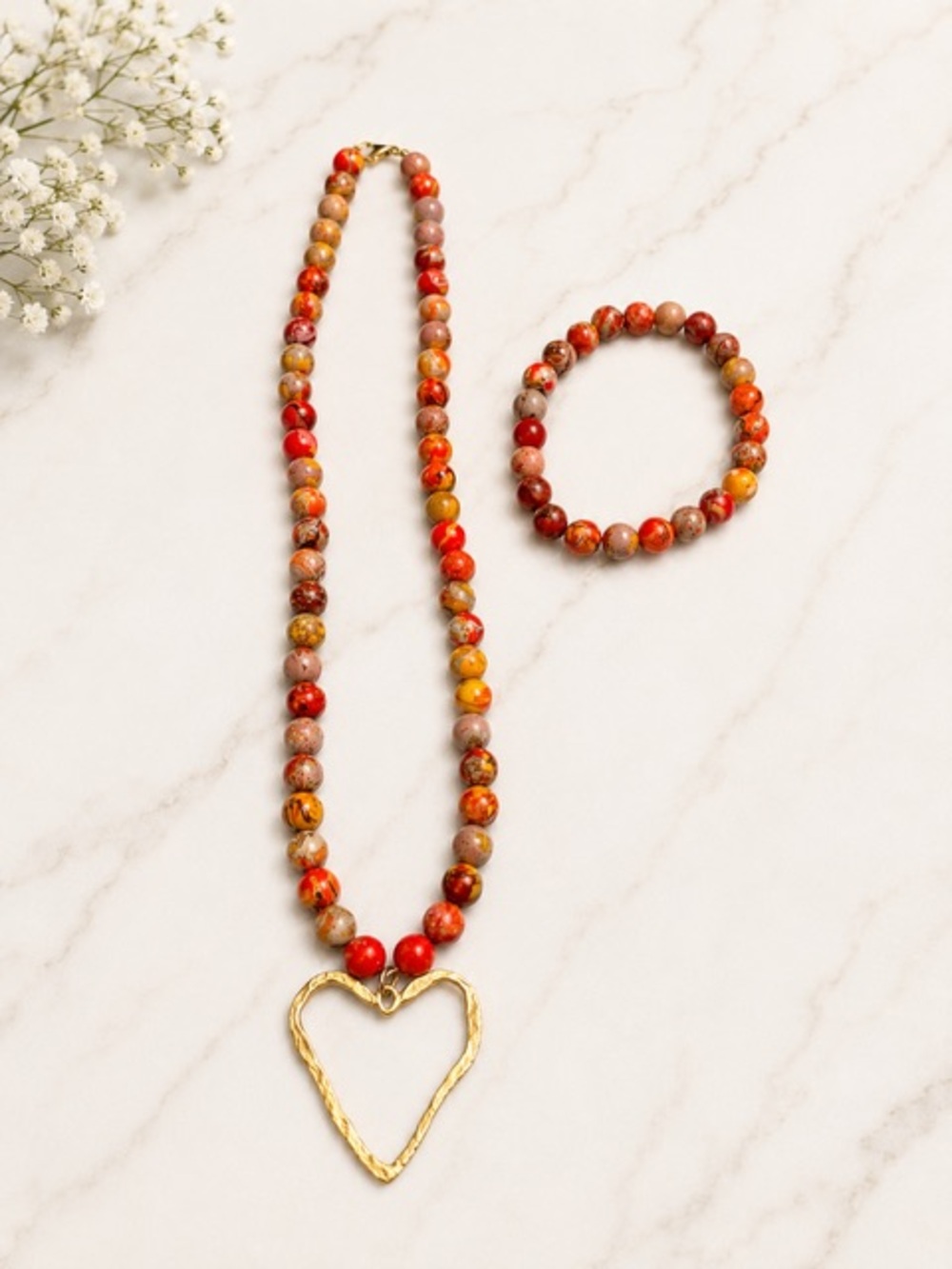 Orange Jasper Beaded Heart Pendant Necklace and Bracelet Set